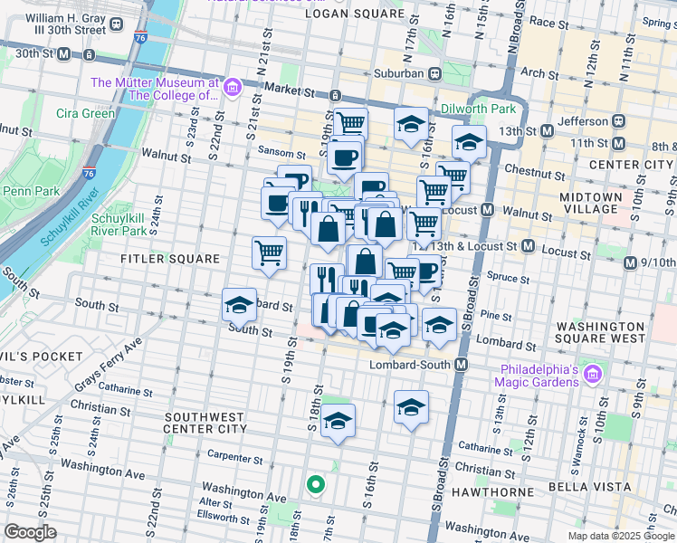 map of restaurants, bars, coffee shops, grocery stores, and more near South 18th Street & Delancey Place in Philadelphia