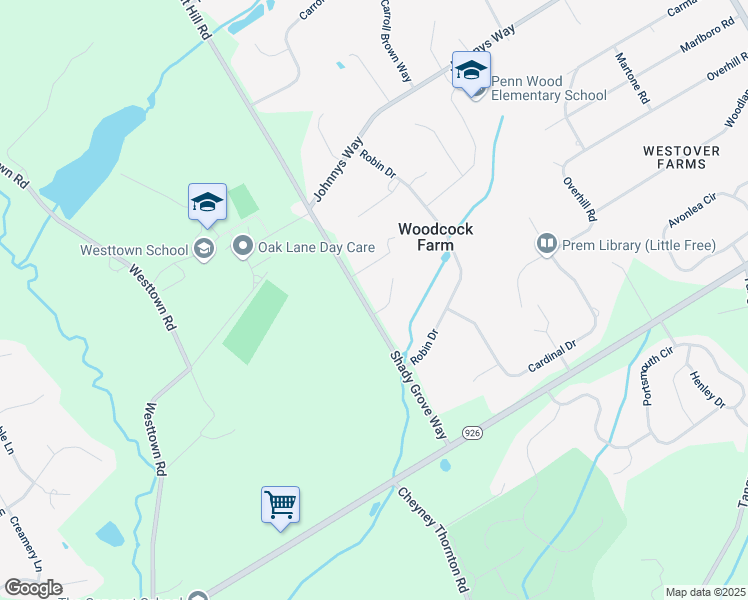 map of restaurants, bars, coffee shops, grocery stores, and more near 1400 Thrush Lane in West Chester