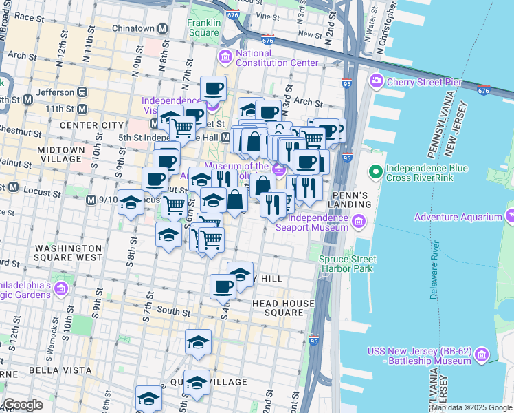 map of restaurants, bars, coffee shops, grocery stores, and more near 2 Willings Alley in Philadelphia