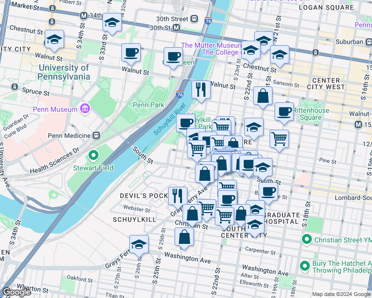 map of restaurants, bars, coffee shops, grocery stores, and more near 2531 Lombard Street in Philadelphia
