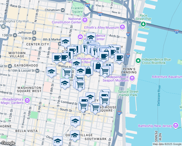 map of restaurants, bars, coffee shops, grocery stores, and more near 212 South 4th Street in Philadelphia