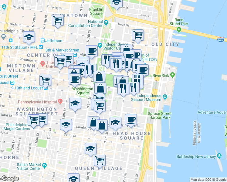 map of restaurants, bars, coffee shops, grocery stores, and more near 212 South 4th Street in Philadelphia