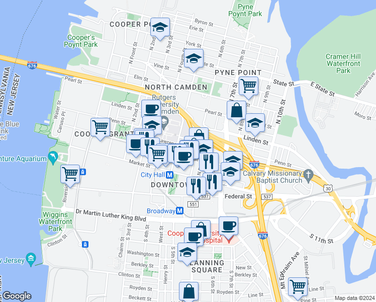 map of restaurants, bars, coffee shops, grocery stores, and more near 525 Cooper Street in Camden