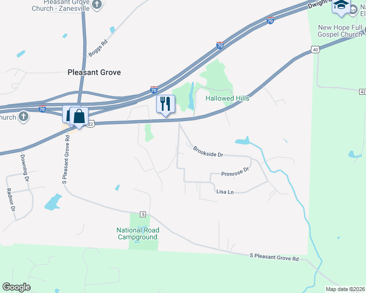 map of restaurants, bars, coffee shops, grocery stores, and more near 155 Mockingbird Hill in Zanesville