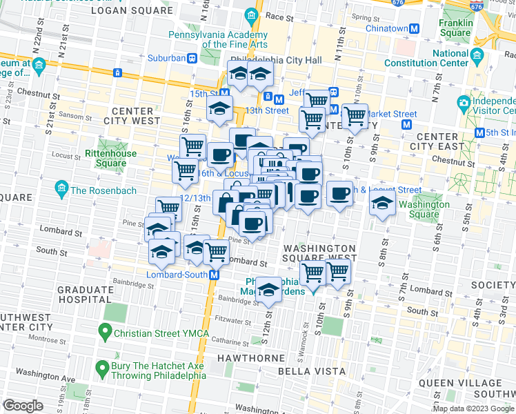 map of restaurants, bars, coffee shops, grocery stores, and more near 250 South 13th Street in Philadelphia