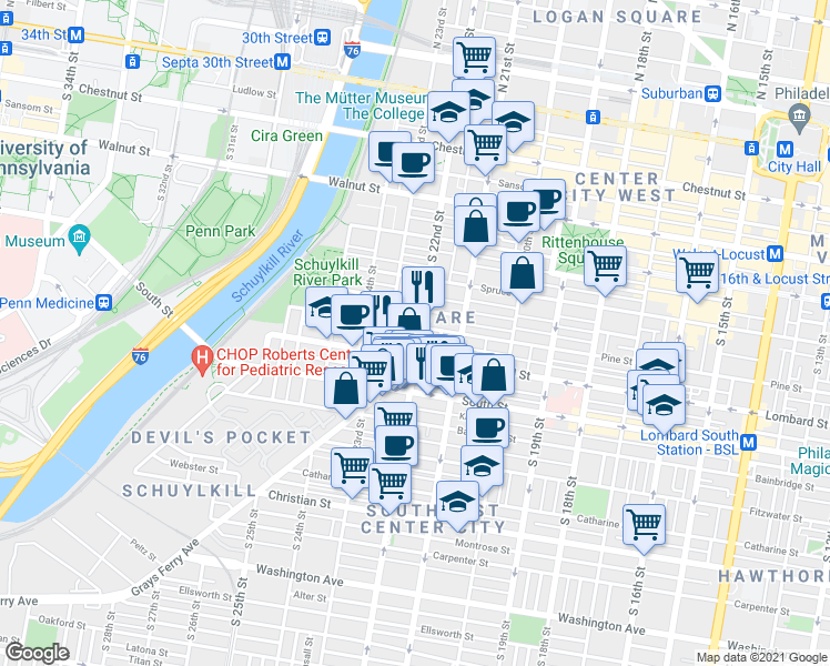 map of restaurants, bars, coffee shops, grocery stores, and more near 2200 Pine Street in Philadelphia