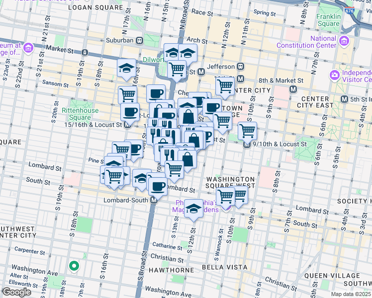 map of restaurants, bars, coffee shops, grocery stores, and more near 250 South 13th Street in Philadelphia