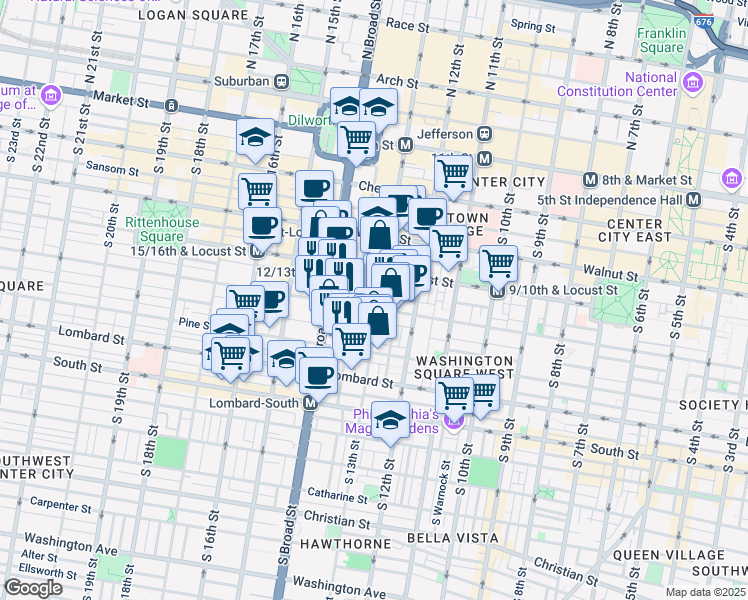 map of restaurants, bars, coffee shops, grocery stores, and more near 1321 Cypress Street in Philadelphia
