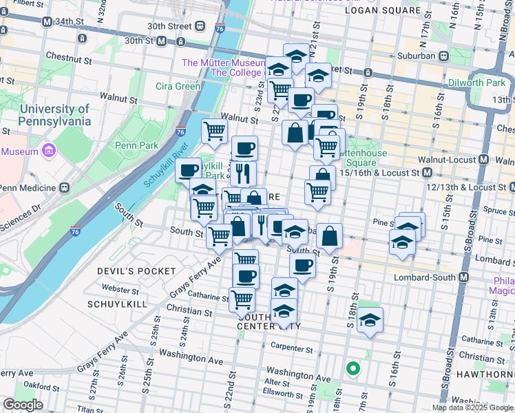 map of restaurants, bars, coffee shops, grocery stores, and more near 2200 Pine Street in Philadelphia
