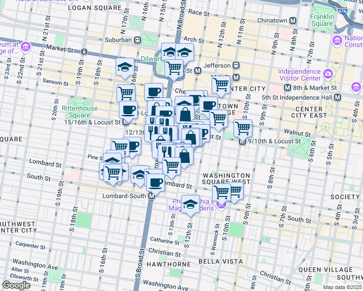 map of restaurants, bars, coffee shops, grocery stores, and more near 1305 Spruce Street in Philadelphia