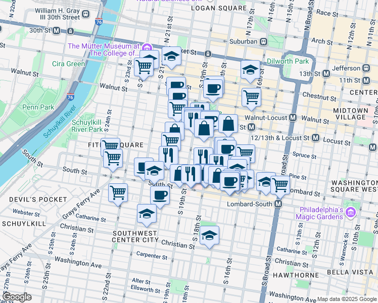 map of restaurants, bars, coffee shops, grocery stores, and more near 326 South 19th Street in Philadelphia