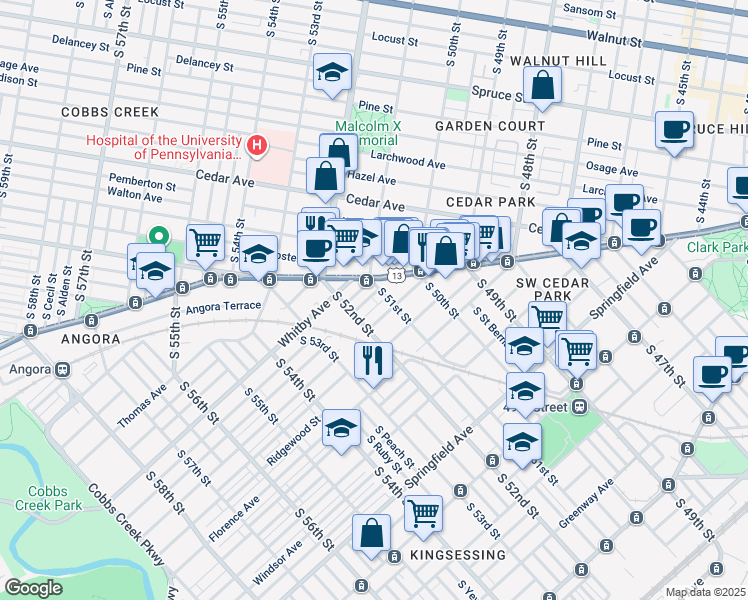 map of restaurants, bars, coffee shops, grocery stores, and more near 5108 Hadfield Street in Philadelphia
