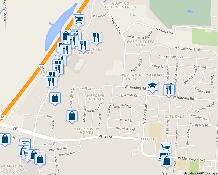 map of restaurants, bars, coffee shops, grocery stores, and more near 1737 Crestview Drive in Springfield