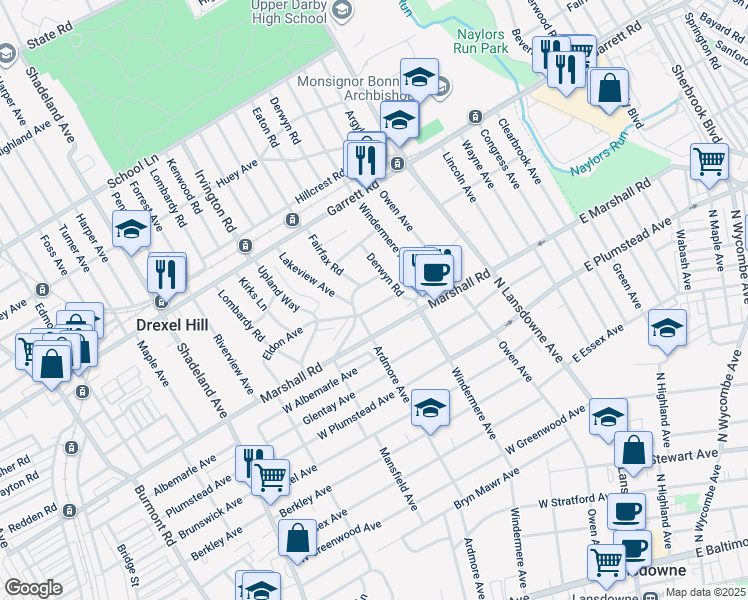 map of restaurants, bars, coffee shops, grocery stores, and more near 2445 Eldon Avenue in Drexel Hill
