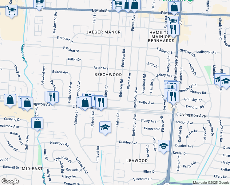 map of restaurants, bars, coffee shops, grocery stores, and more near Elaine Road in Columbus