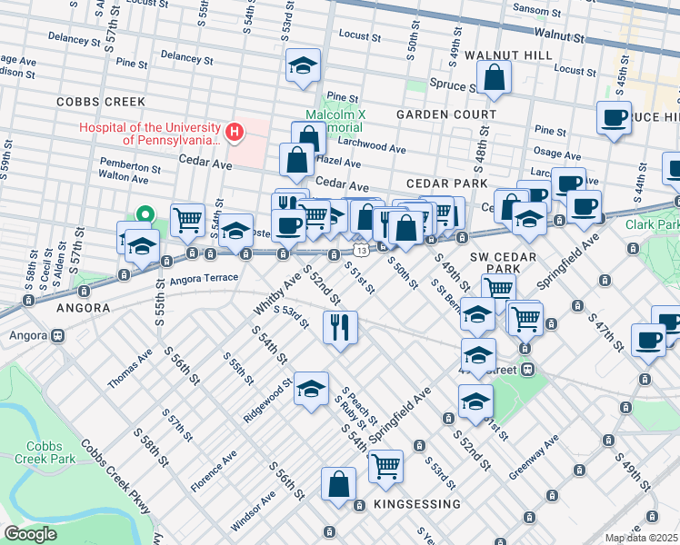 map of restaurants, bars, coffee shops, grocery stores, and more near 5108 Hadfield Street in Philadelphia