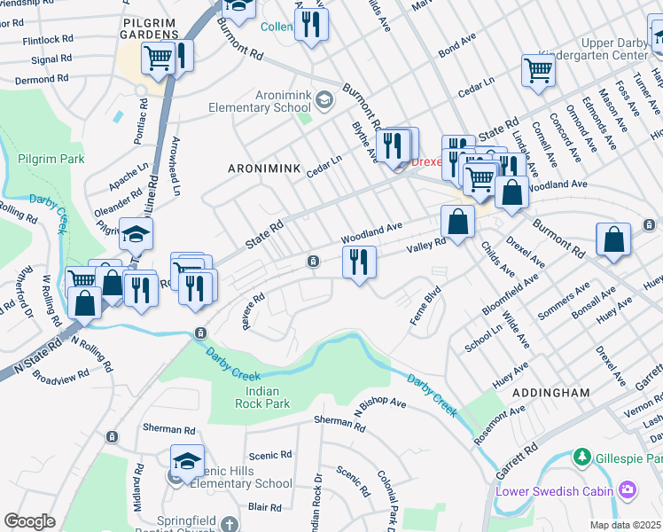 map of restaurants, bars, coffee shops, grocery stores, and more near 28 Drexelbrook Drive in Drexel Hill