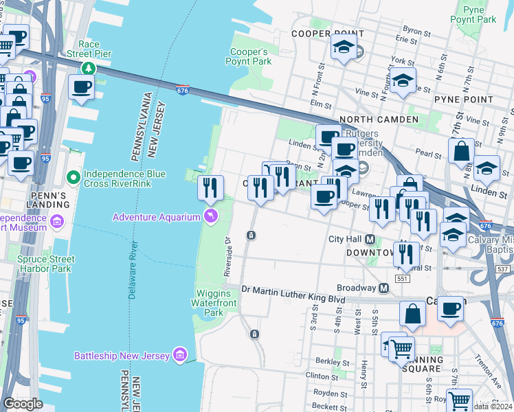 map of restaurants, bars, coffee shops, grocery stores, and more near Market Street & Delaware Avenue in Camden