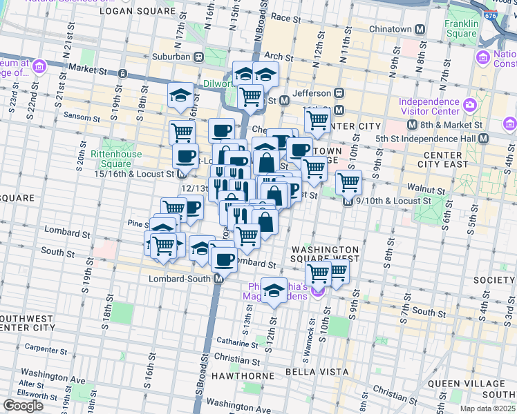 map of restaurants, bars, coffee shops, grocery stores, and more near 1321 Cypress Street in Philadelphia