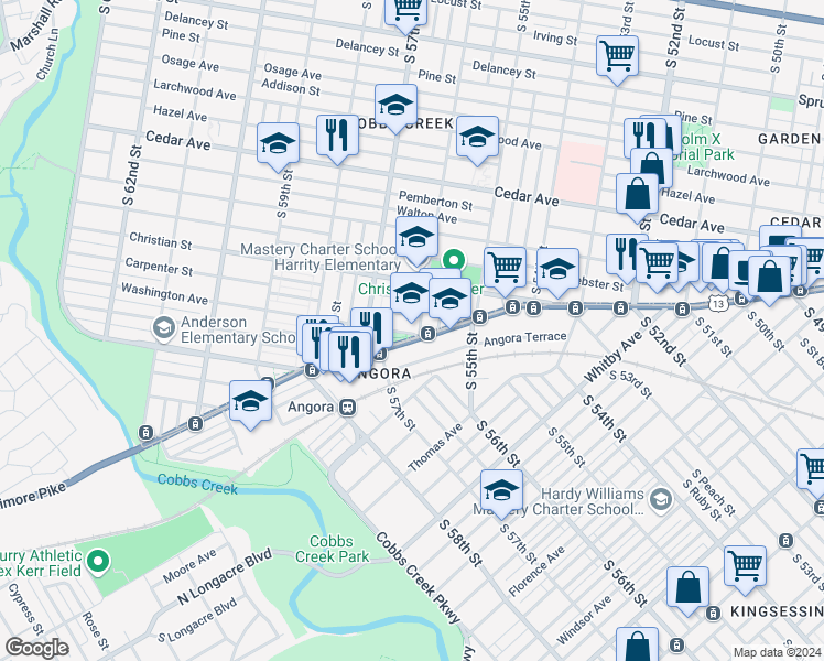 map of restaurants, bars, coffee shops, grocery stores, and more near 850 South 56th Street in Philadelphia
