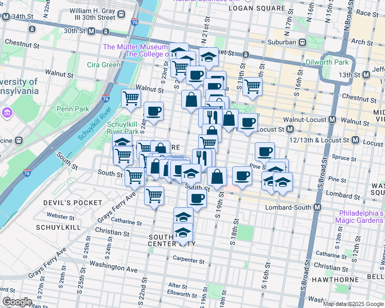 map of restaurants, bars, coffee shops, grocery stores, and more near 2033 Pine Street in Philadelphia
