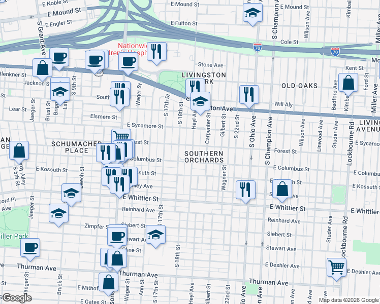 map of restaurants, bars, coffee shops, grocery stores, and more near 873 Heyl Avenue in Columbus