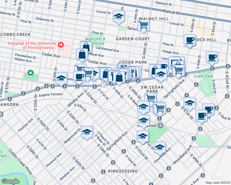 map of restaurants, bars, coffee shops, grocery stores, and more near 724 South 50th Street in Philadelphia