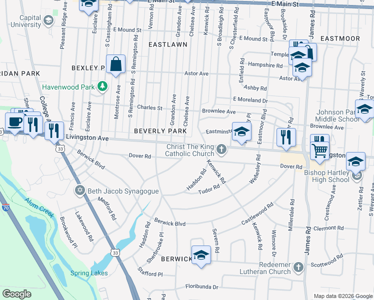 map of restaurants, bars, coffee shops, grocery stores, and more near 2646 Dover Road in Columbus