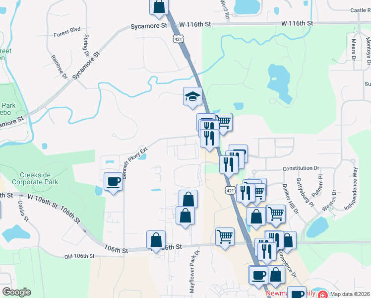 map of restaurants, bars, coffee shops, grocery stores, and more near 5000 Bennett Parkway Extension in Zionsville