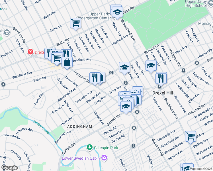 map of restaurants, bars, coffee shops, grocery stores, and more near 3805 Bonsall Avenue in Drexel Hill