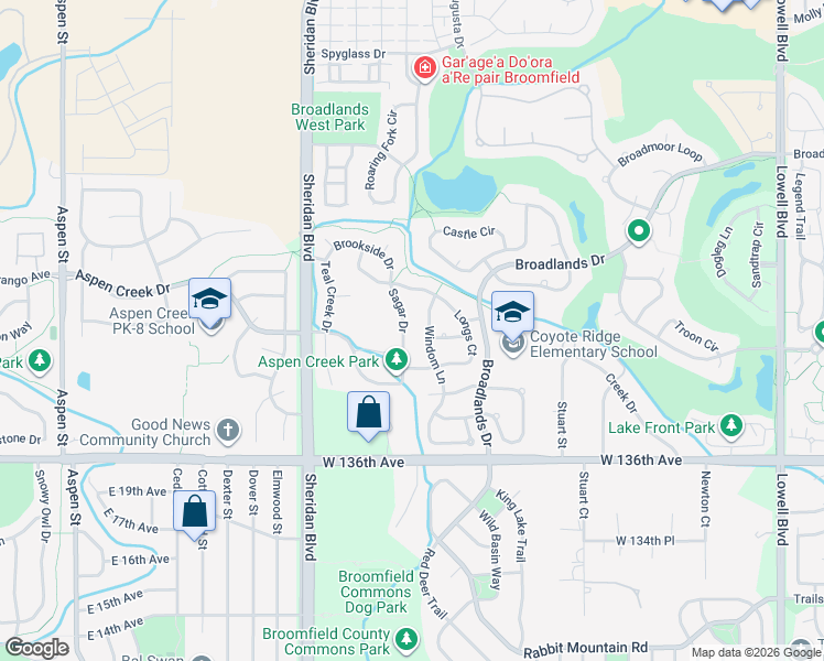 map of restaurants, bars, coffee shops, grocery stores, and more near 4835 Blue Heron Court in Broomfield