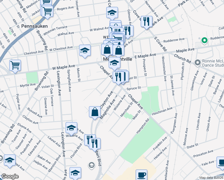 map of restaurants, bars, coffee shops, grocery stores, and more near 6236 Clayton Avenue in Pennsauken Township