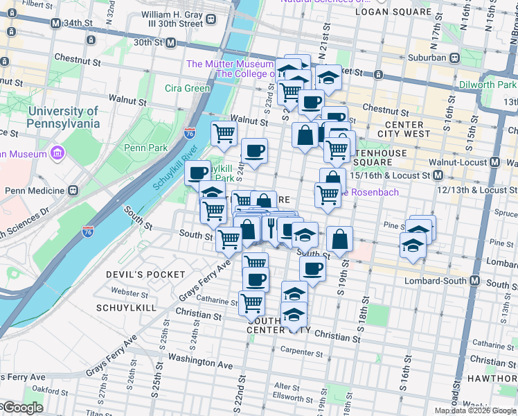 map of restaurants, bars, coffee shops, grocery stores, and more near in Philadelphia
