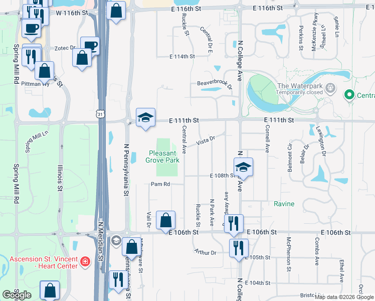 map of restaurants, bars, coffee shops, grocery stores, and more near 10840 Central Avenue in Indianapolis