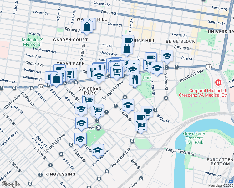 map of restaurants, bars, coffee shops, grocery stores, and more near 1017 Farragut Terrace in Philadelphia