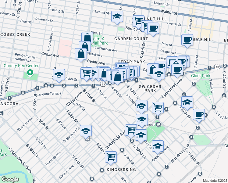 map of restaurants, bars, coffee shops, grocery stores, and more near 724 South 50th Street in Philadelphia
