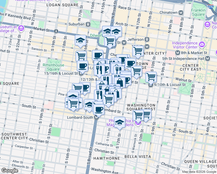 map of restaurants, bars, coffee shops, grocery stores, and more near 1321 Cypress Street in Philadelphia