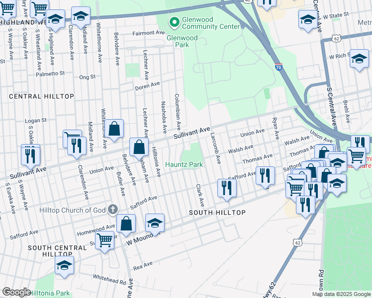 map of restaurants, bars, coffee shops, grocery stores, and more near 480 Columbian Avenue in Columbus