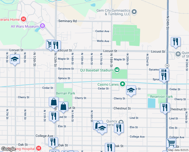 map of restaurants, bars, coffee shops, grocery stores, and more near 1203 North 16th Street in Quincy