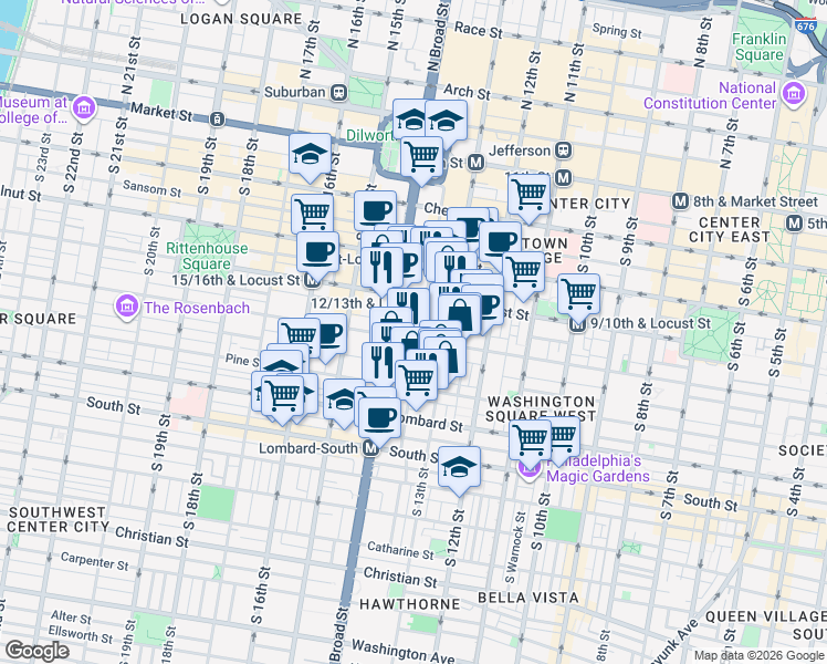 map of restaurants, bars, coffee shops, grocery stores, and more near 1321 Cypress Street in Philadelphia