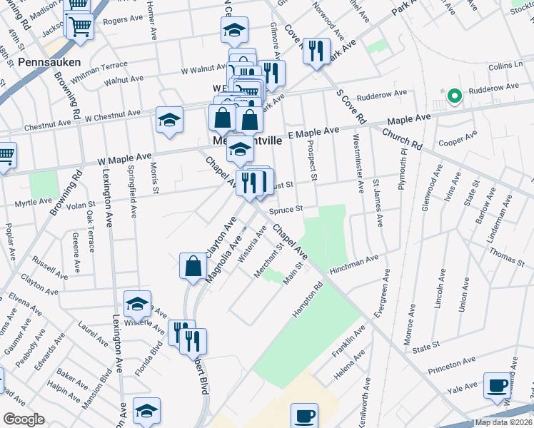 map of restaurants, bars, coffee shops, grocery stores, and more near 6345 Wisteria Avenue in Pennsauken Township