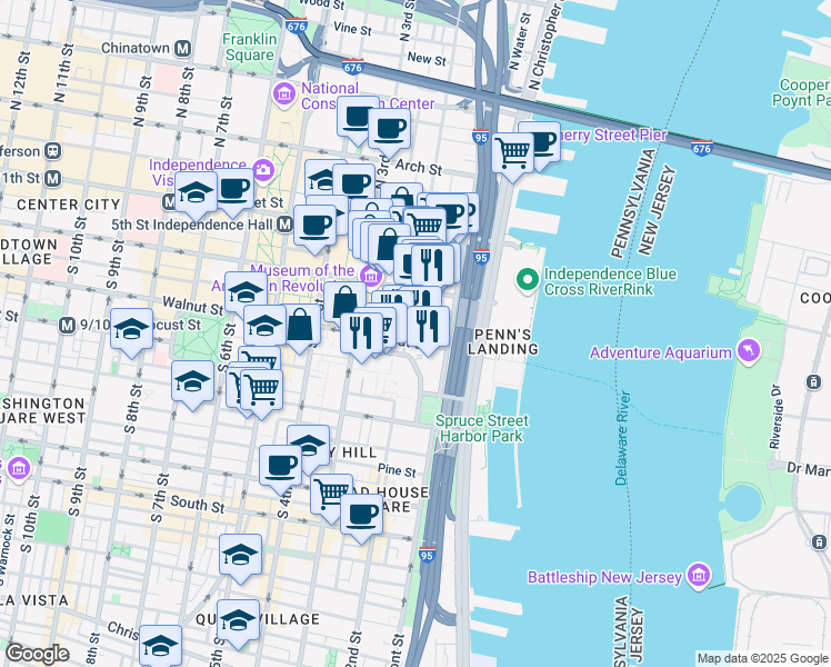 map of restaurants, bars, coffee shops, grocery stores, and more near 125 Walnut Street in Philadelphia