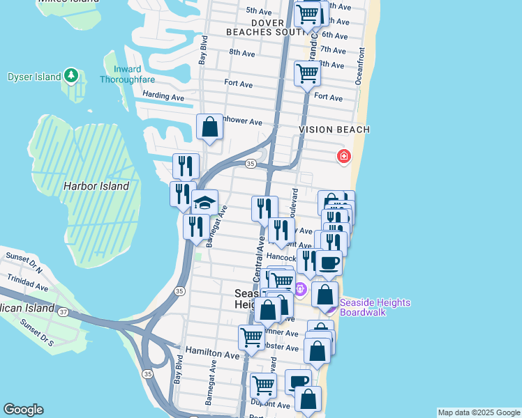 map of restaurants, bars, coffee shops, grocery stores, and more near 132 Kearney Avenue in Seaside Heights