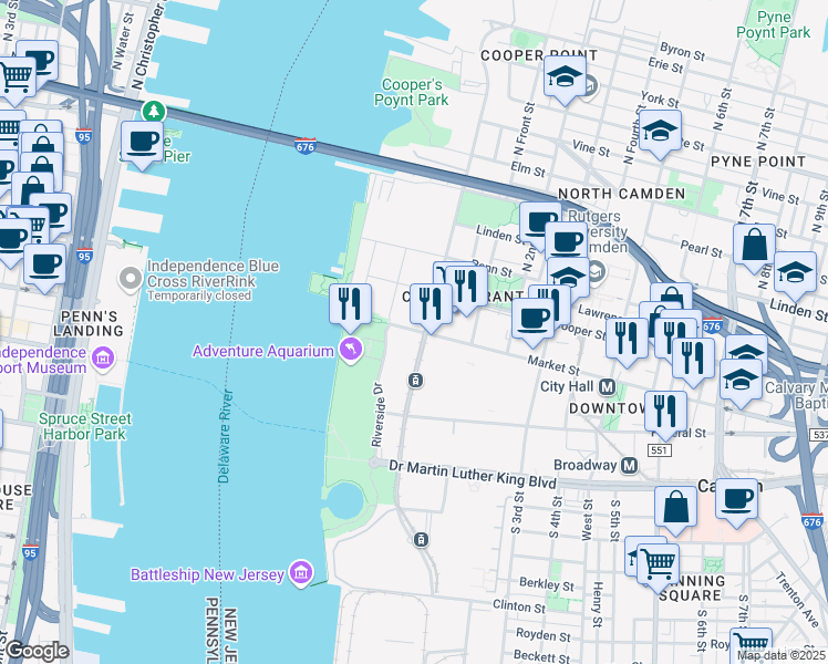 map of restaurants, bars, coffee shops, grocery stores, and more near 32-50 Jersey Joe Walcott Boulevard in Camden