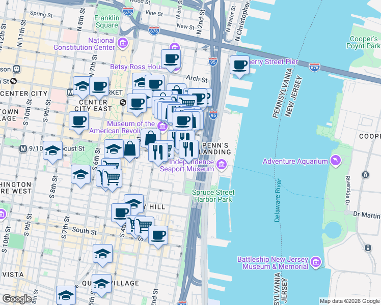 map of restaurants, bars, coffee shops, grocery stores, and more near 1 Dock Street in Philadelphia