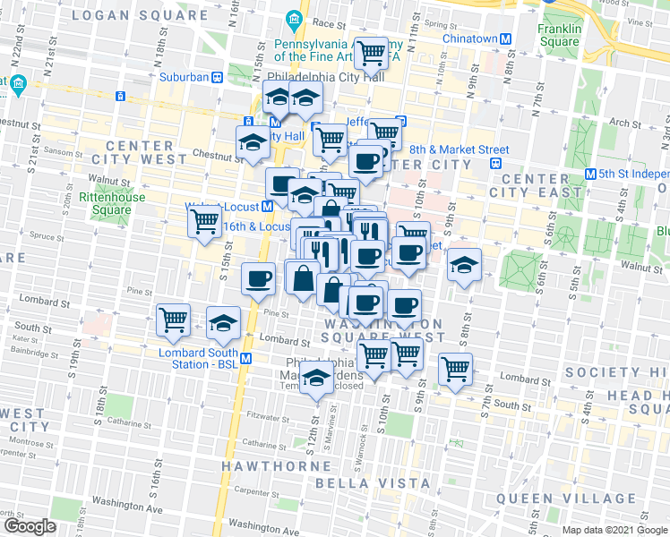 map of restaurants, bars, coffee shops, grocery stores, and more near 1123 Spruce Street in Philadelphia