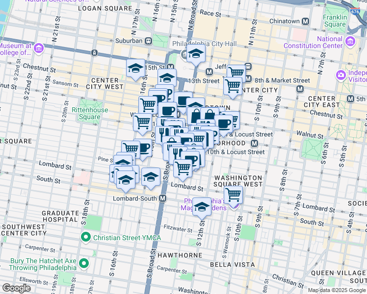 map of restaurants, bars, coffee shops, grocery stores, and more near 1321 Cypress Street in Philadelphia