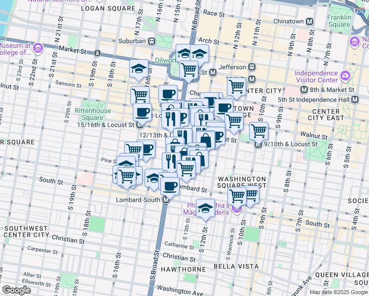 map of restaurants, bars, coffee shops, grocery stores, and more near 1321 Cypress Street in Philadelphia