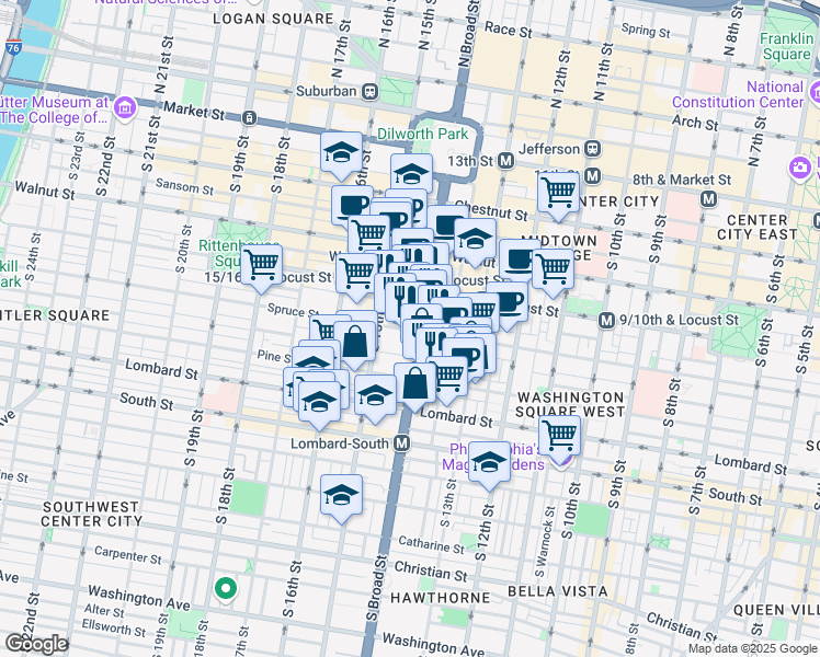 map of restaurants, bars, coffee shops, grocery stores, and more near 311 South Broad Street in Philadelphia
