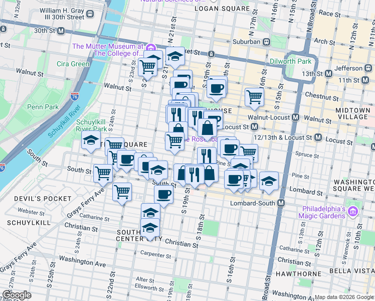 map of restaurants, bars, coffee shops, grocery stores, and more near 1920 Pine Street in Philadelphia